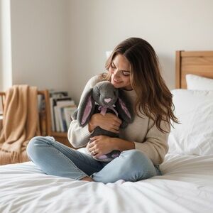 Soft Gray Bunny Plush Toy Pink Satin Ears & Bow